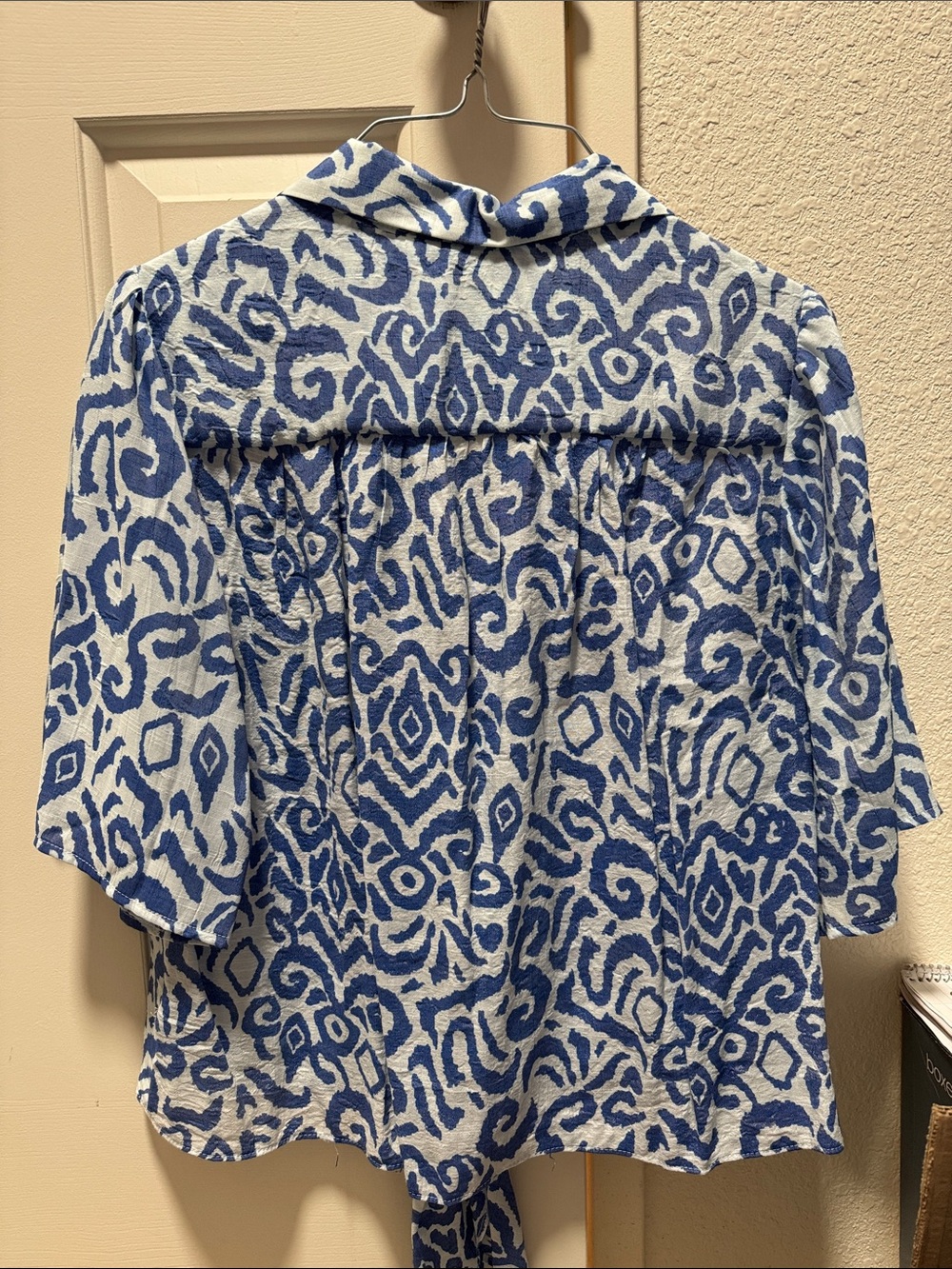 Tamara H. Casual Tie-Front Printed Button-Up Top - Blue/White - Picture 4 of 4